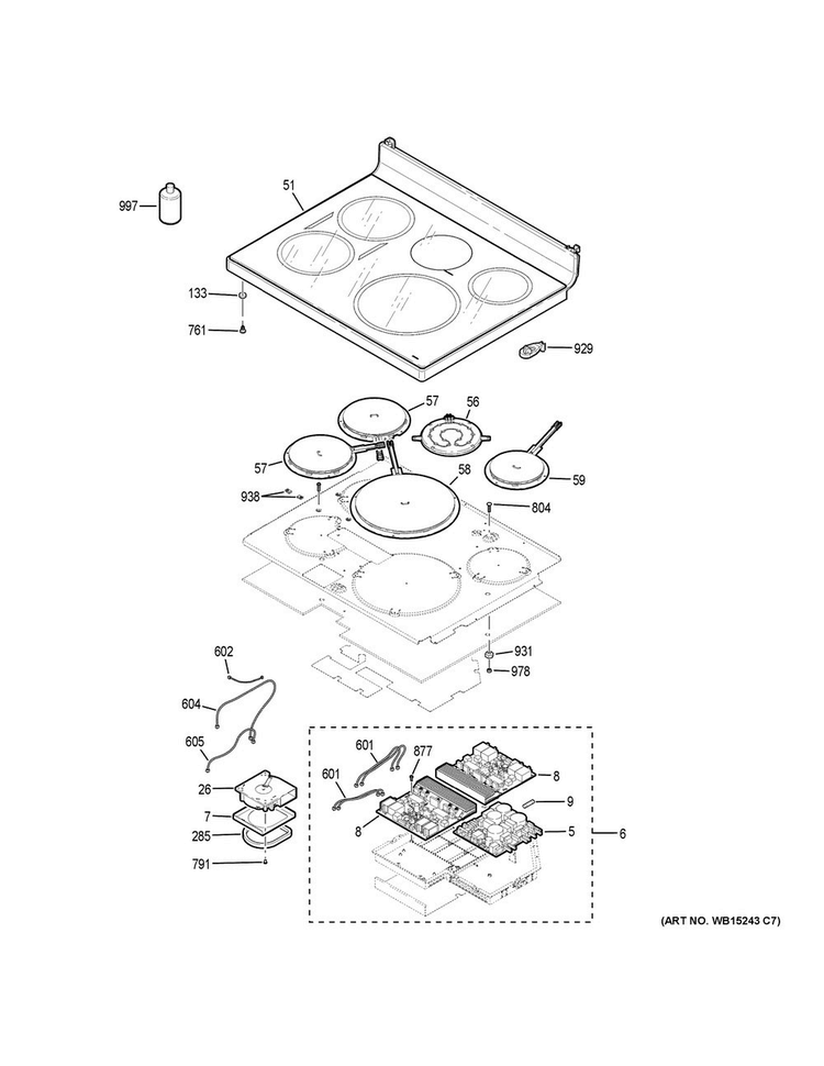 Cooktop Diagram and Parts List for PHB920EJ2ES  General Electric Range