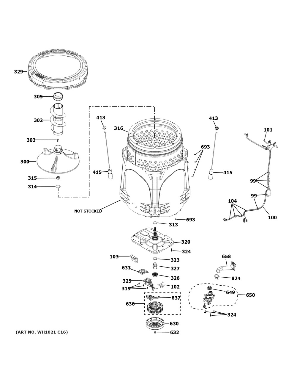 Tub & Motor Diagram and Parts List for GTW725BPN0DG  General Electric Washer