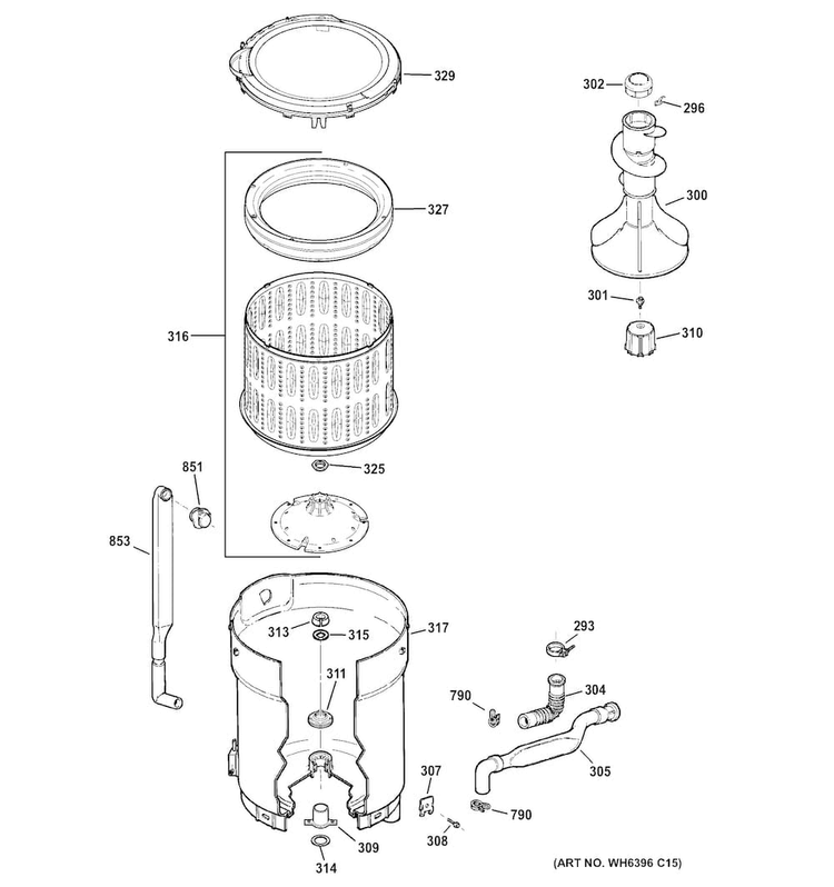 Tub, Basket & Agitator Diagram and Parts List for WMCN2050F0WC  General Electric Washer