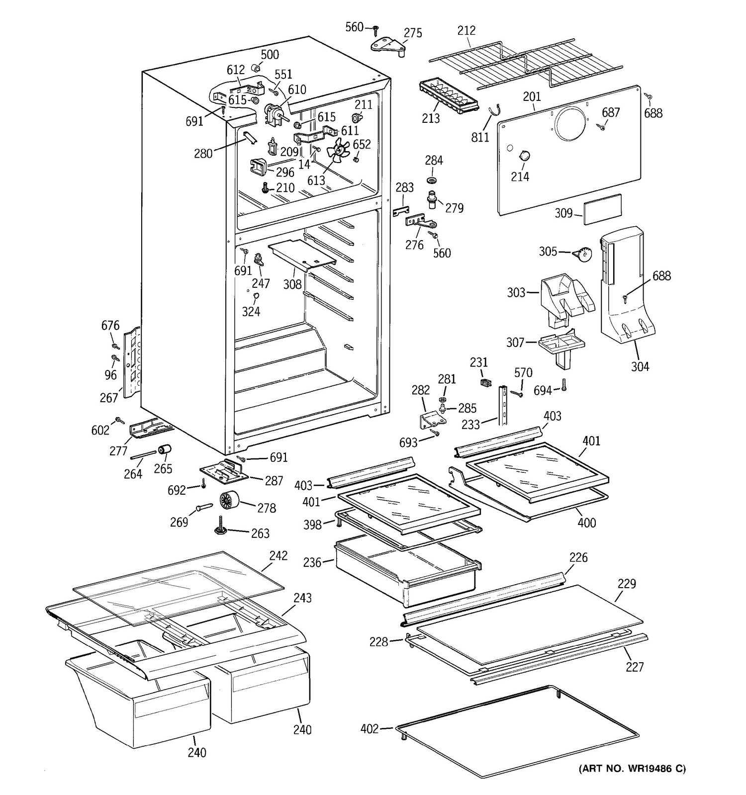 CABINET Diagram and Parts List for 38351HBRFRWW  General Electric Refrigerator