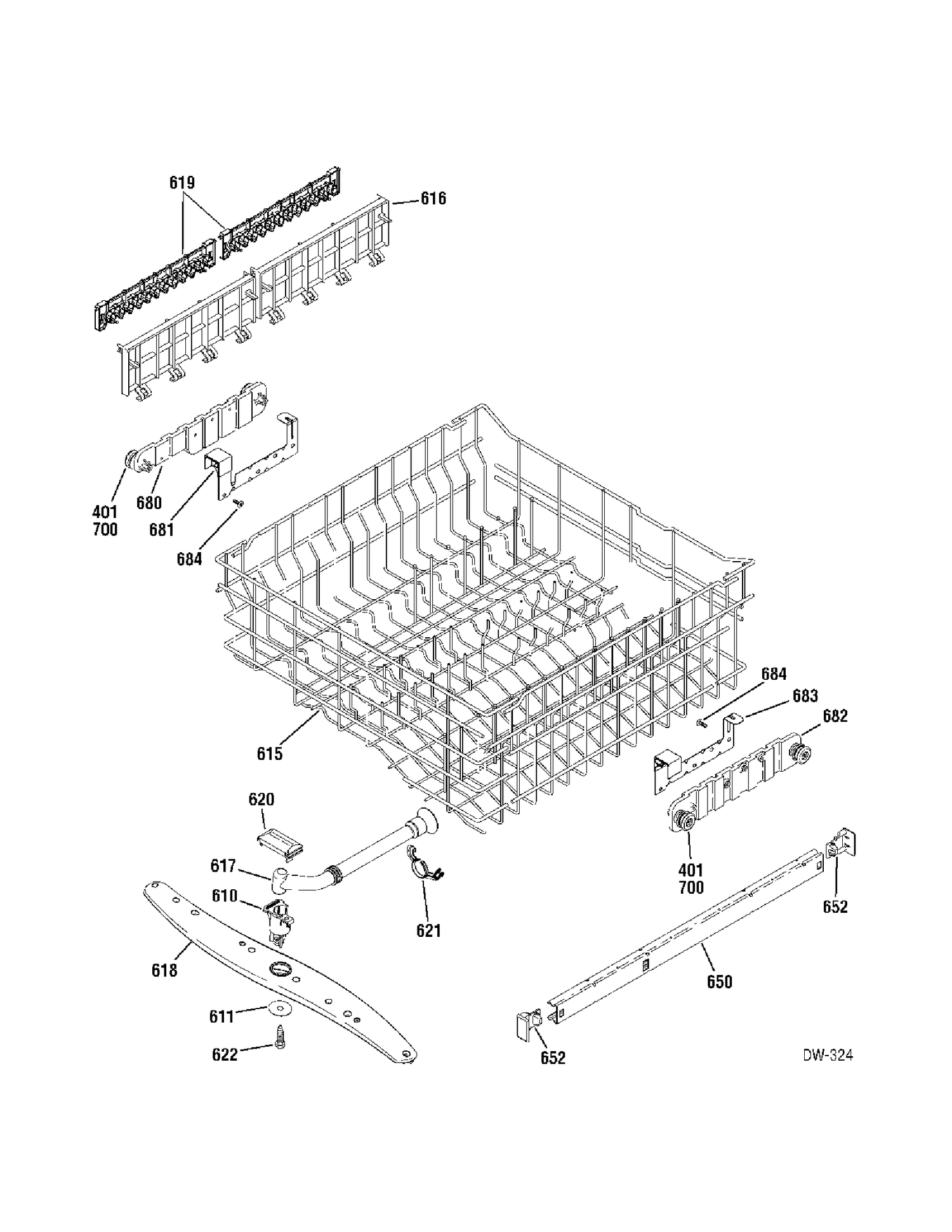 UPPER RACK Diagram and Parts List for GSD6520N00WW  General Electric Dishwasher