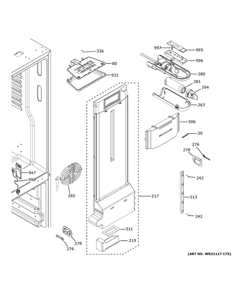 Fresh Food Section Diagram and Parts List for QNE27JSMNFSS  General Electric Refrigerator