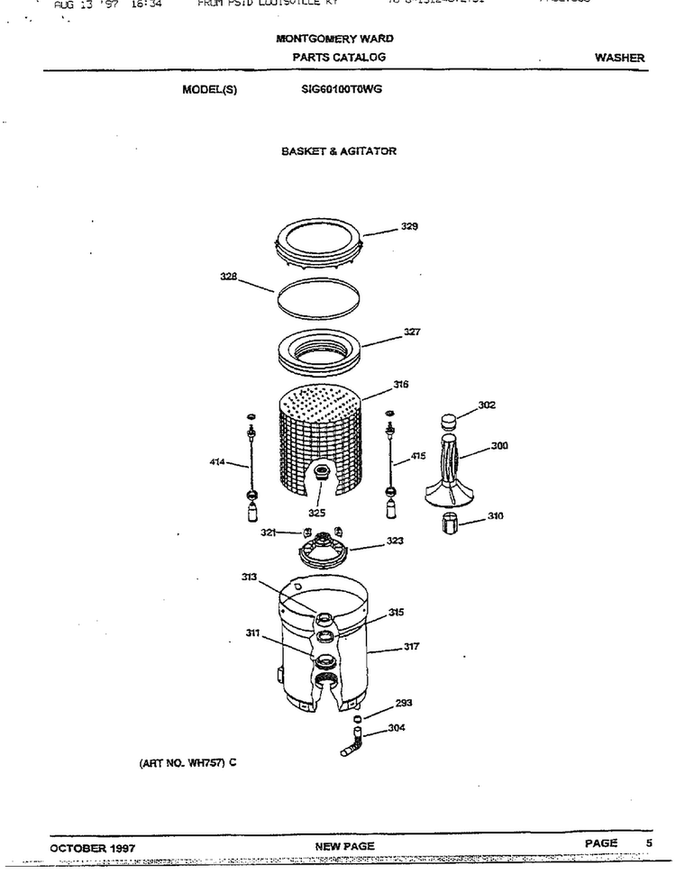 Basket/agitator Diagram and Parts List for SIG60100T0WG  General Electric Washer