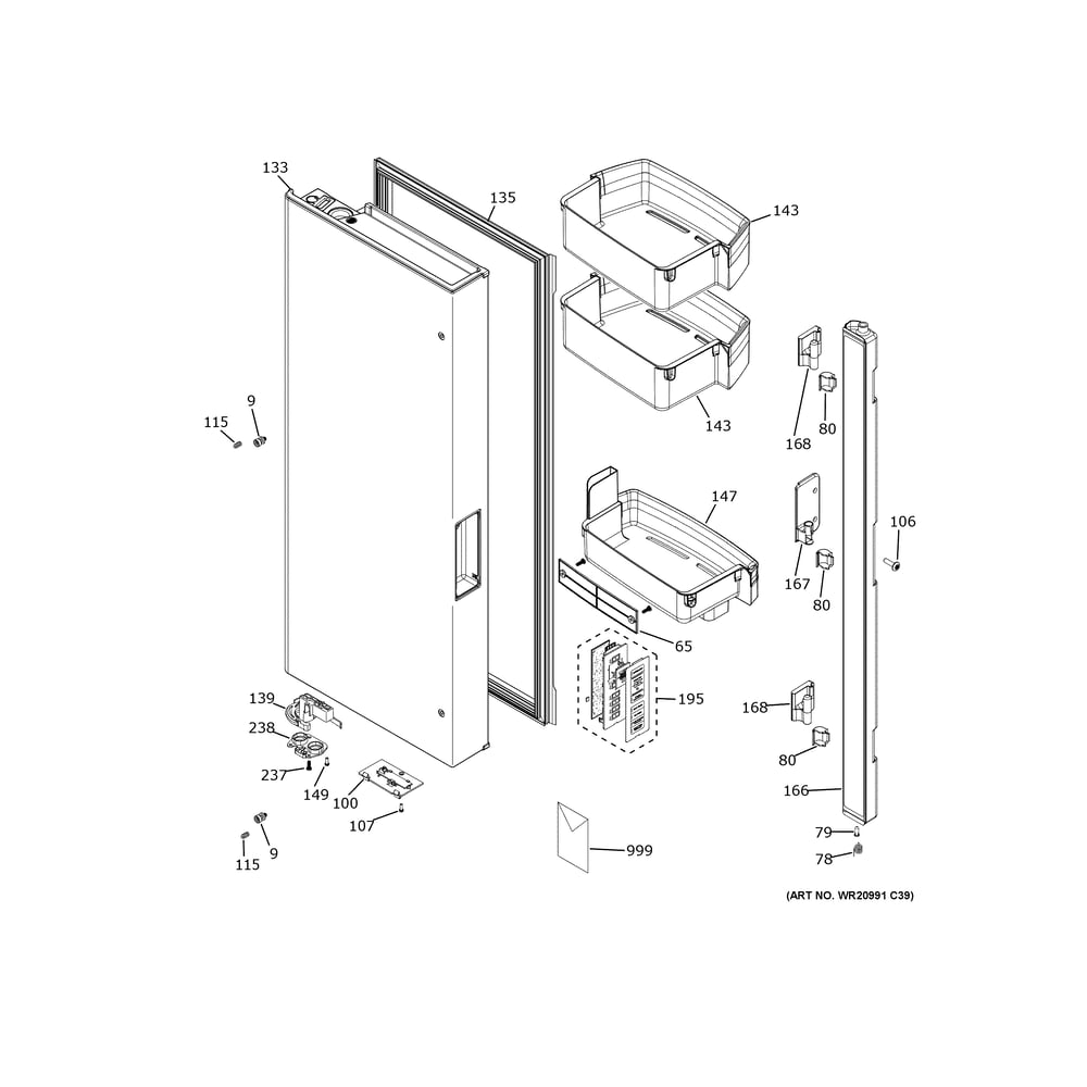 Fresh Food Door - Lh Diagram and Parts List for ZWE23NSYBSS  General Electric Refrigerator