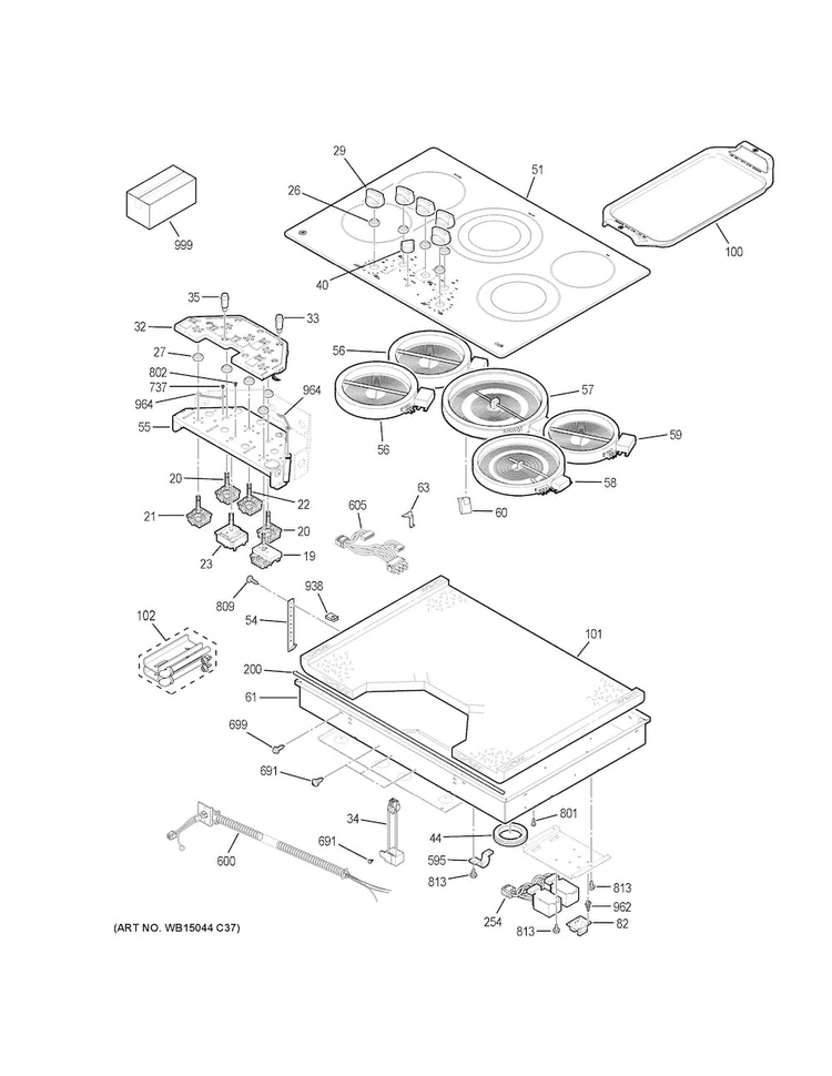 Control Panel & Cooktop Diagram and Parts List for CP9530SJ1SS  General Electric Cooktop
