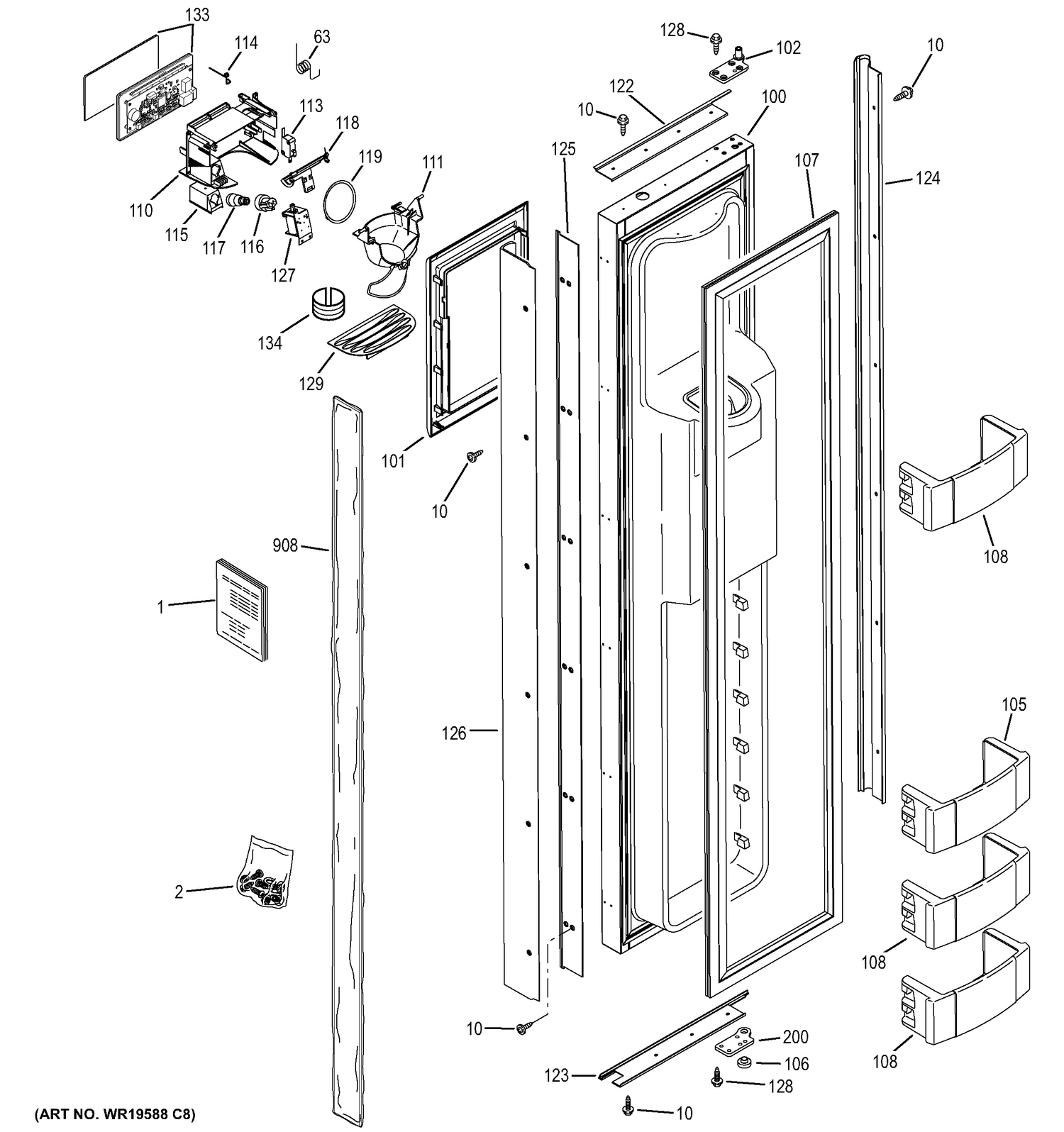 FREEZER DOOR Diagram and Parts List for ZISB360DXD  General Electric Refrigerator