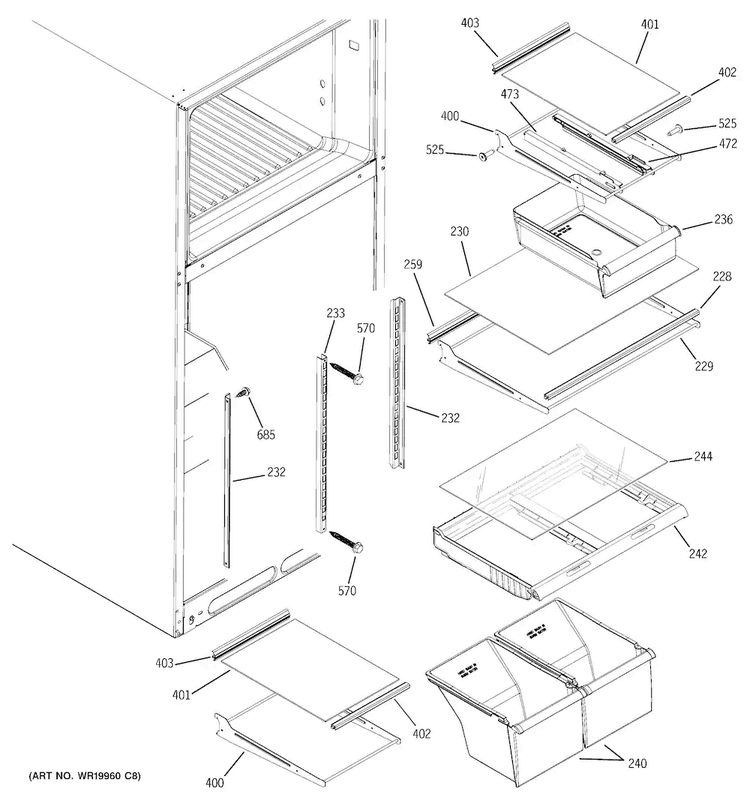 Fresh Food Shelves Diagram and Parts List for GIE18ISHCRSS  General Electric Refrigerator