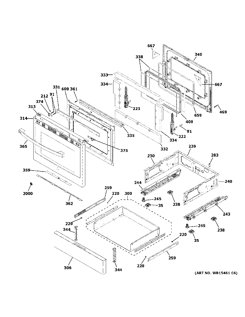 Door & drawer parts Diagram and Parts List for PGB930SEJ7SS  General Electric Range