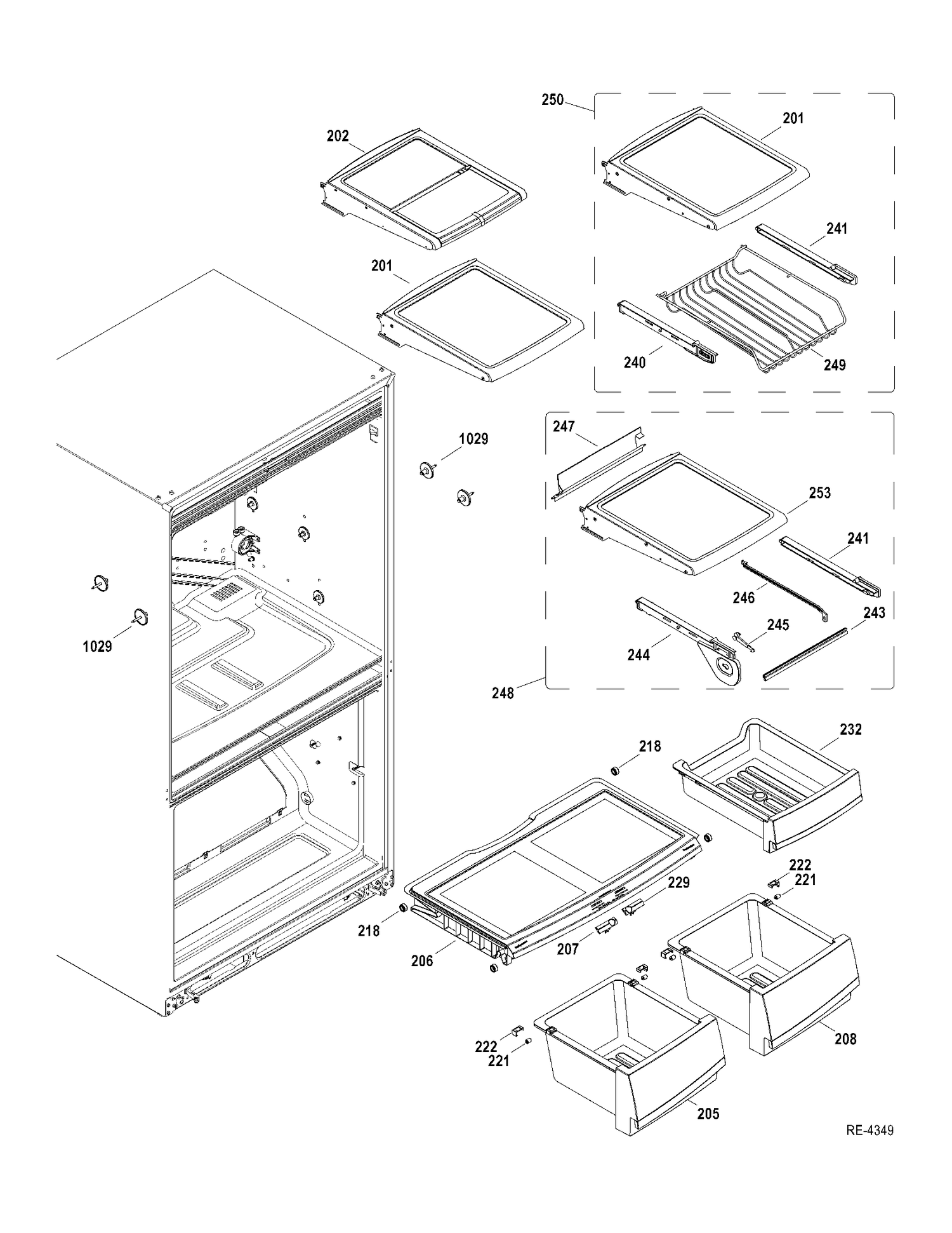 FF SHELVES Diagram and Parts List for PDRS0MBYCLSS  General Electric Refrigerator
