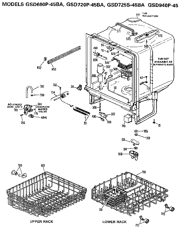 Tub Assembly Diagram and Parts List for GSD940P-45  General Electric Dishwasher