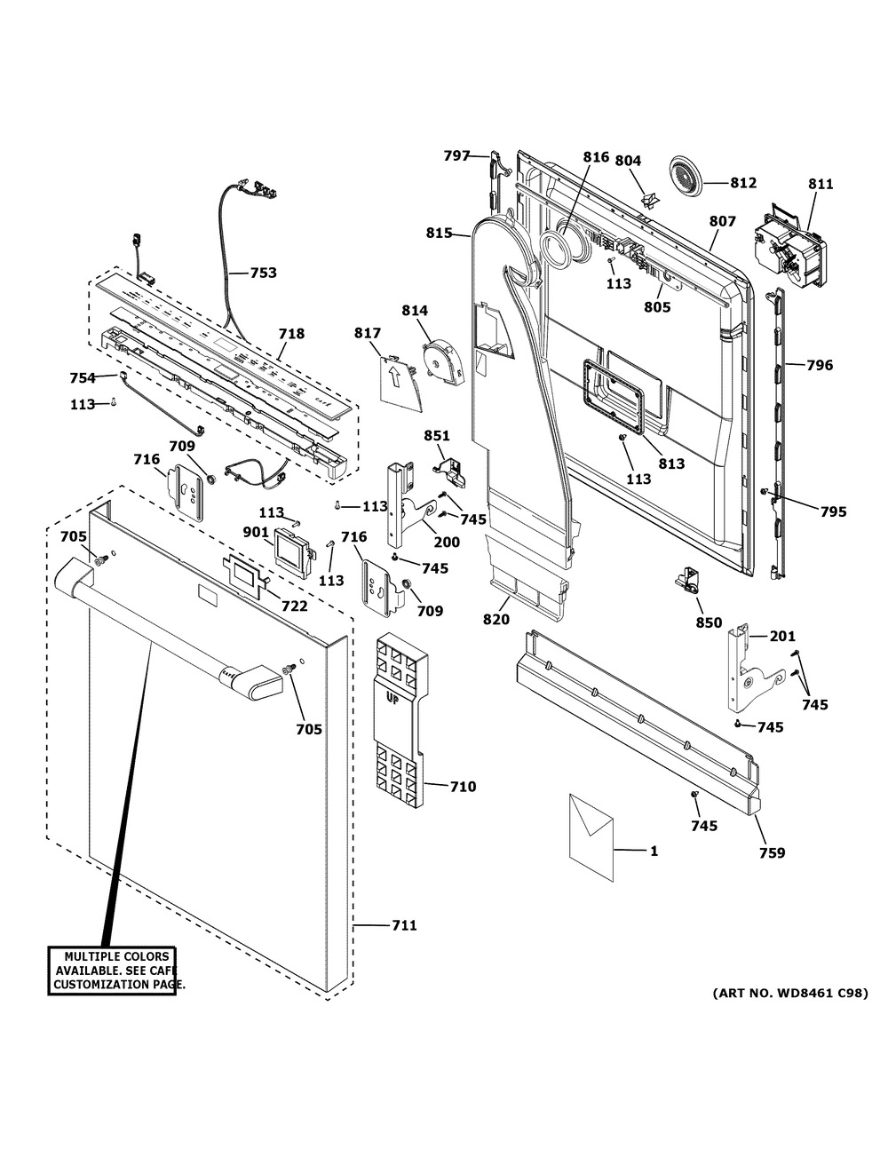 Escutcheon And Door Assembly Diagram and Parts List for CDT855P2N2S1  General Electric Dishwasher