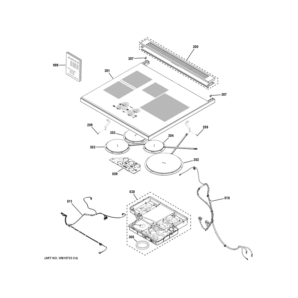 Cooktop Diagram and Parts List for ZHP304ETV2SS  General Electric Wall Oven