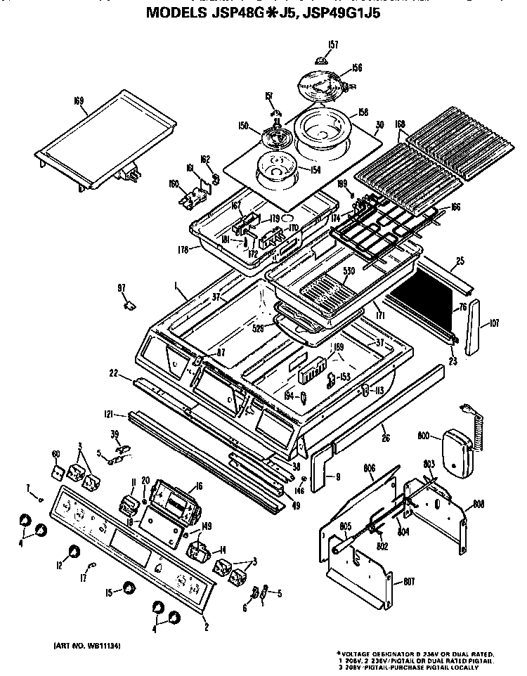 Top Diagram and Parts List for JSP48GJ5  General Electric Range
