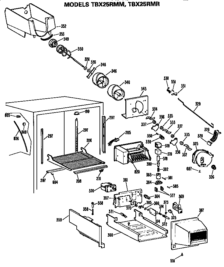Freezer Section Diagram and Parts List for TBX25RMMWHD  General Electric Refrigerator