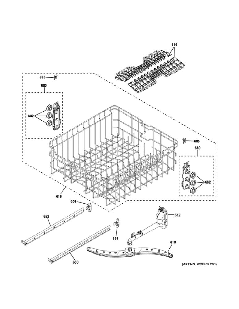 Upper Rack Assembly Diagram and Parts List for GDT530PGP0BB  General Electric Dishwasher