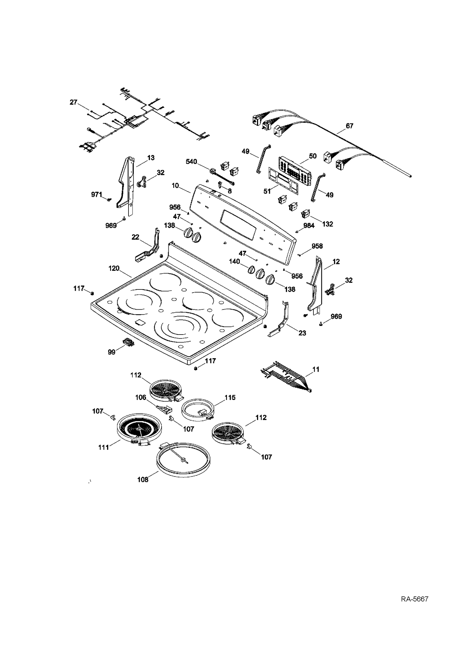 CONTROL PANEL & COOKTOP Diagram and Parts List for PCB900DR2BB  General Electric Range
