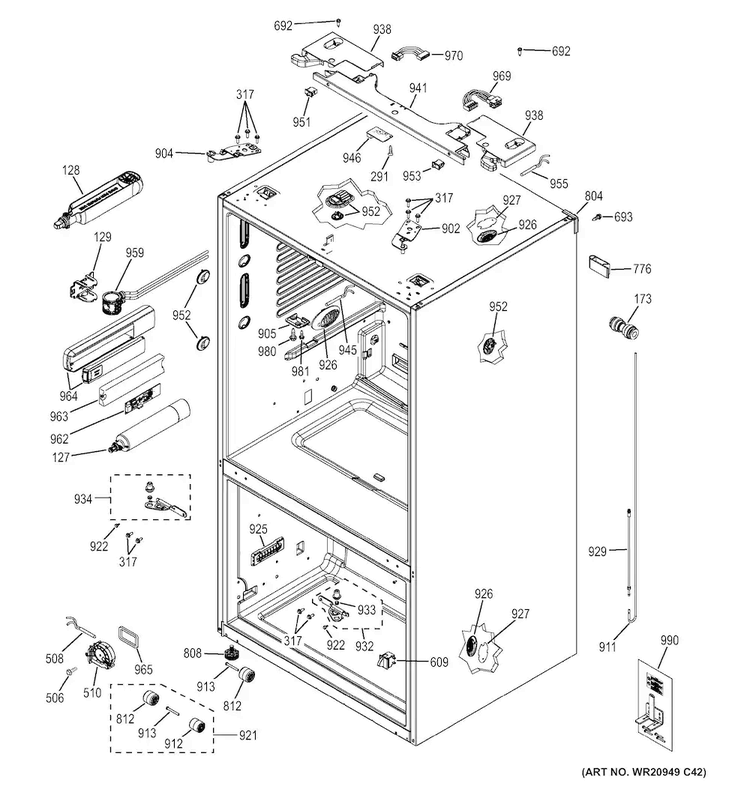 Case Parts Diagram and Parts List for CYE22TSHHSS  General Electric Refrigerator