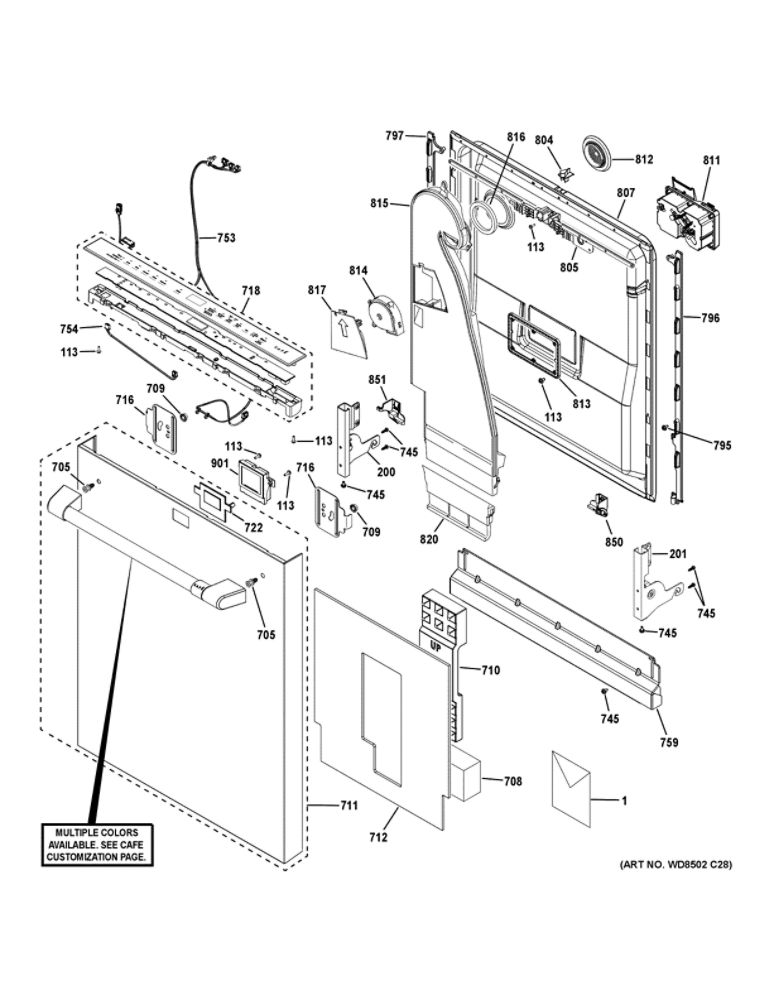 Escutcheon And Door Assembly 1 Diagram and Parts List for CDT875P4N8W2  General Electric Dishwasher