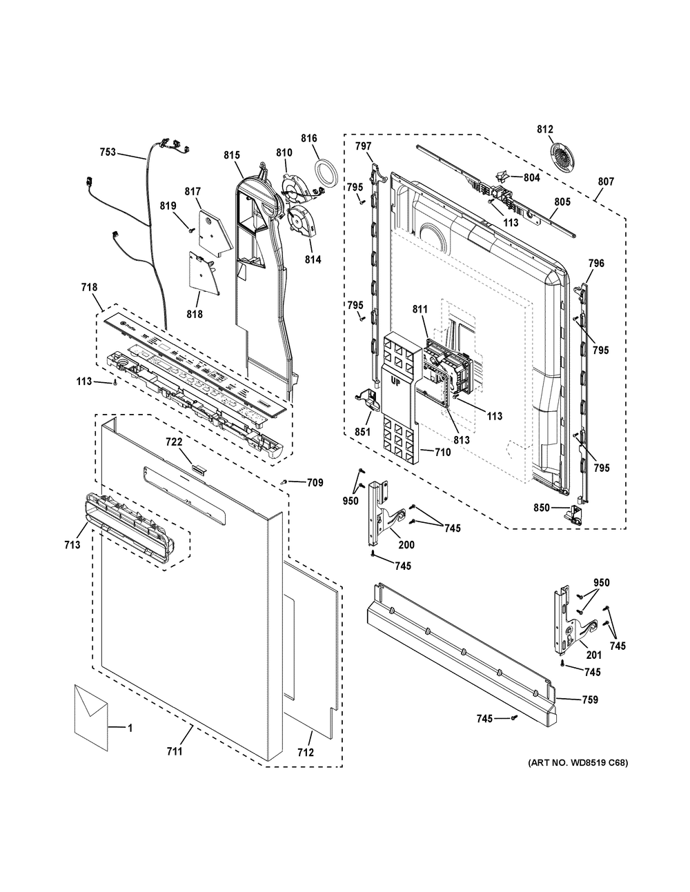 Escutcheon And Door Assembly Diagram and Parts List for PDP795SYV3FS  General Electric Dishwasher