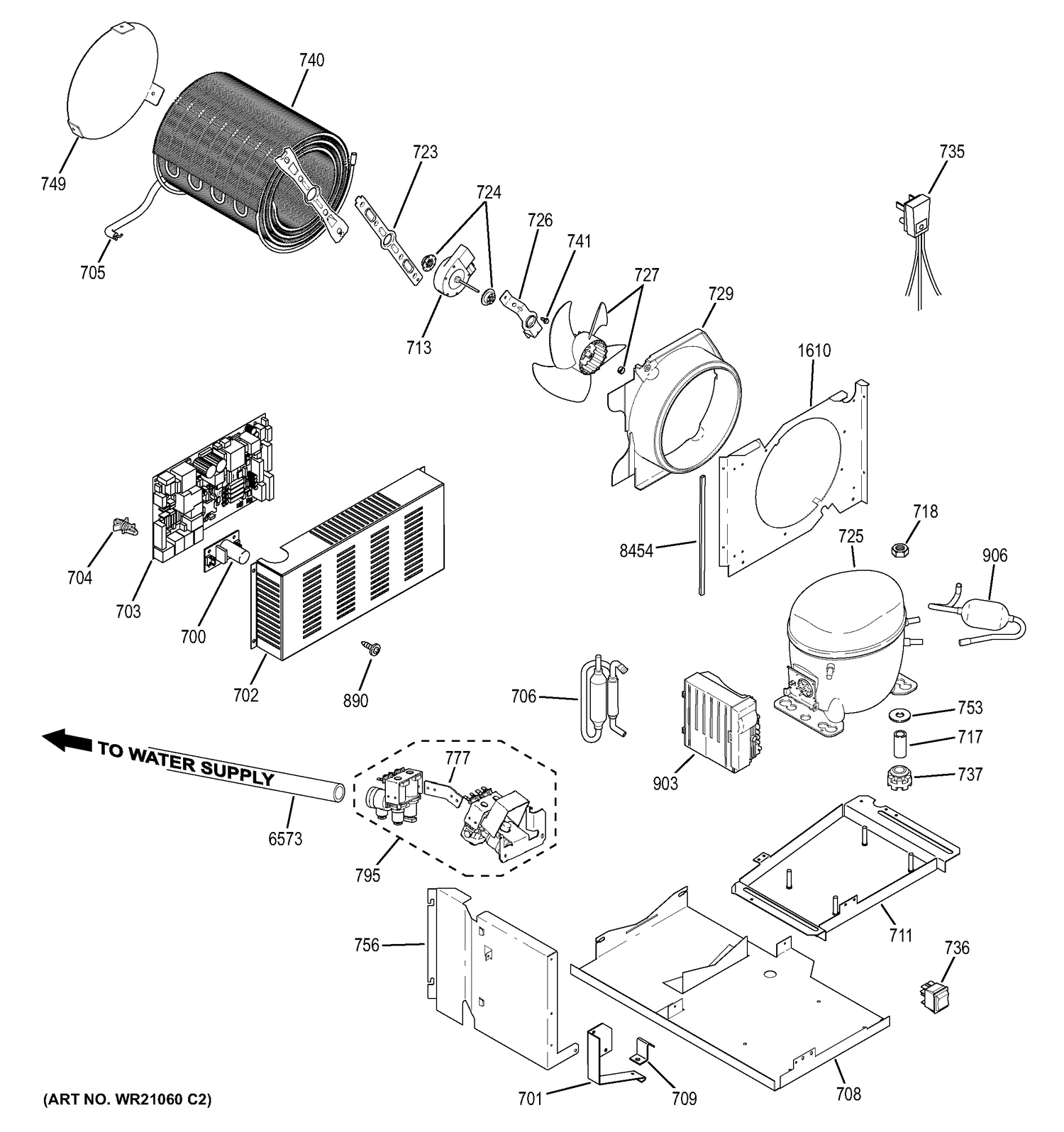 MACHINE COMPARTMENT Diagram and Parts List for ZIS360NXD  General Electric Refrigerator