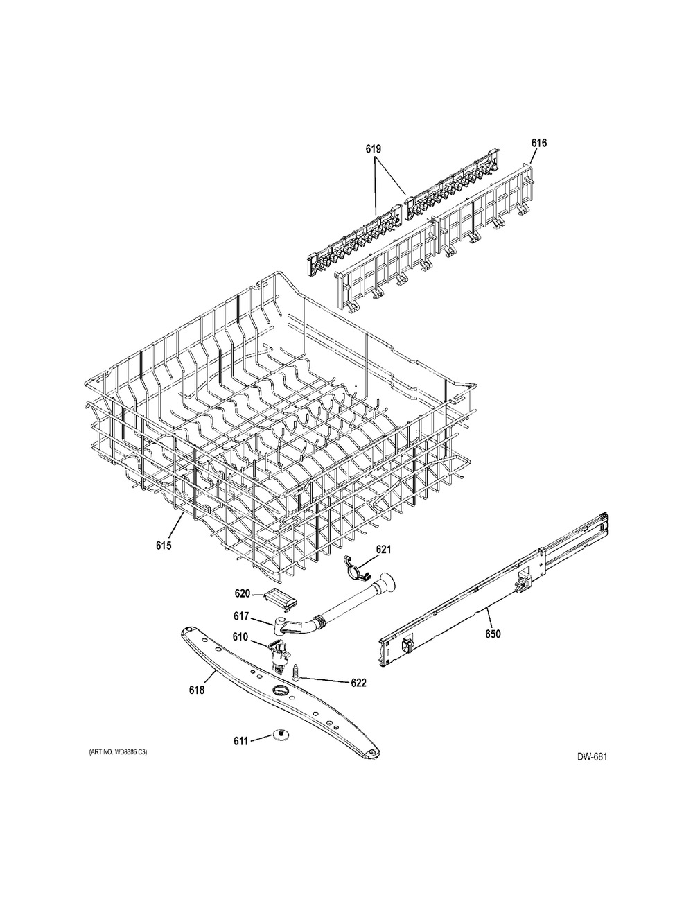 Upper Rack Diagram and Parts List for PNR22LSEFES  General Electric Dishwasher