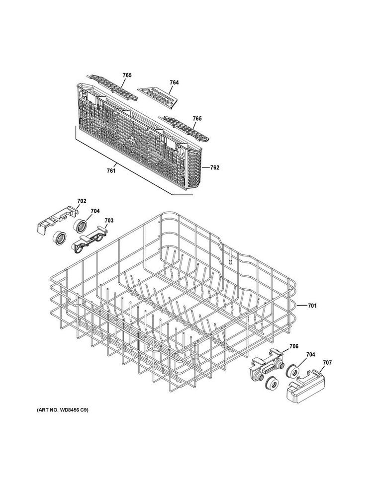 Lower Rack Assembly Diagram and Parts List for GDF510PGJ2WW  General Electric Dishwasher