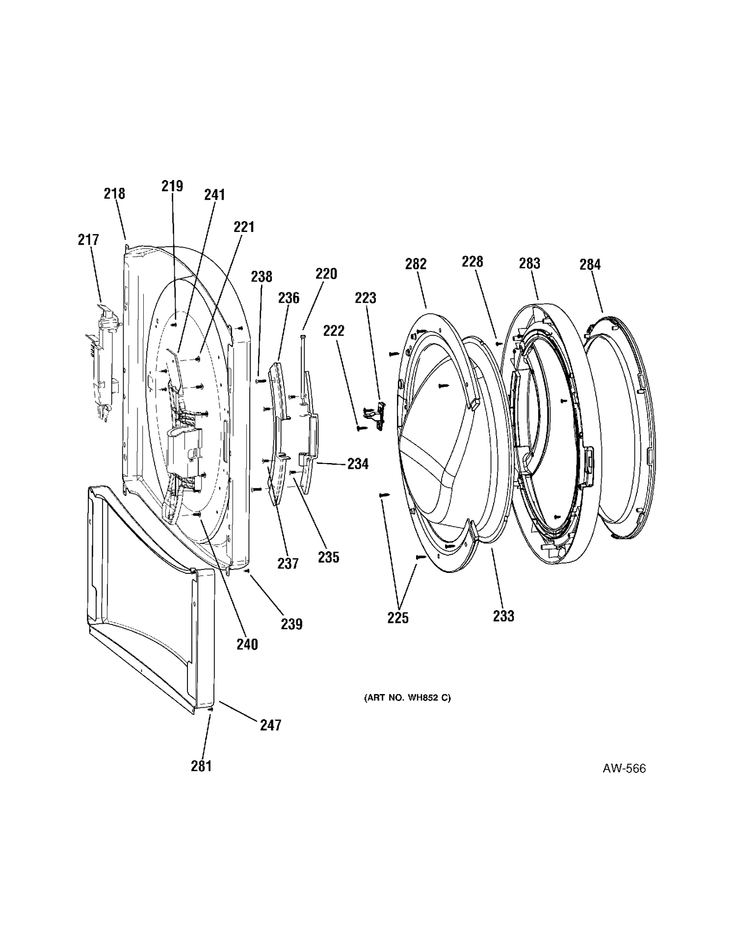DOOR Diagram and Parts List for GCVH6260F0GG  General Electric Washer