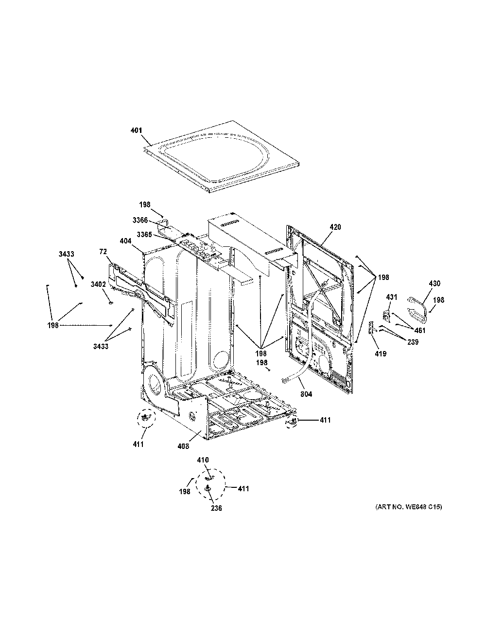 Cabinet And Top Panel Diagram and Parts List for GFD40ESCM1WW  General Electric Dryer