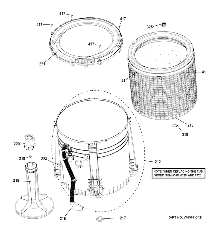 Tub, Basket & Agitator Diagram and Parts List for GUD27ESSJ0WW  General Electric Washer Dryer Combo