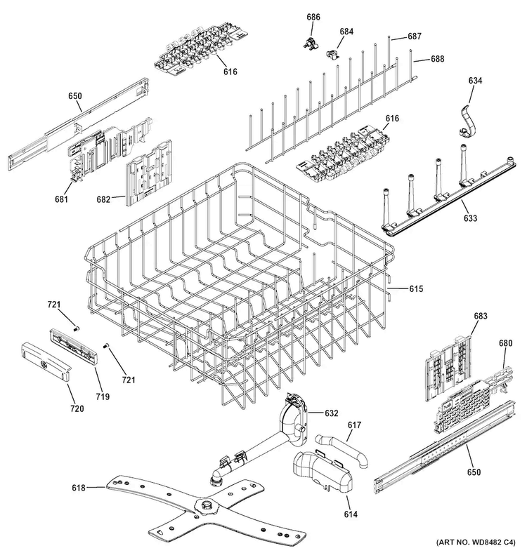 Upper Rack Assembly Diagram and Parts List for PDT760SSF5SS  General Electric Dishwasher