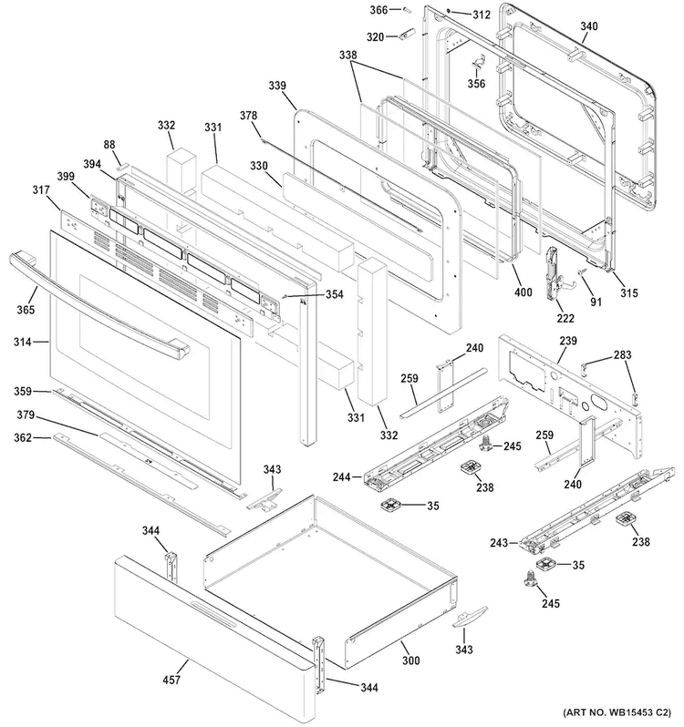 Door & Drawer Parts Diagram and Parts List for JGB720DEJ1WW  General Electric Range