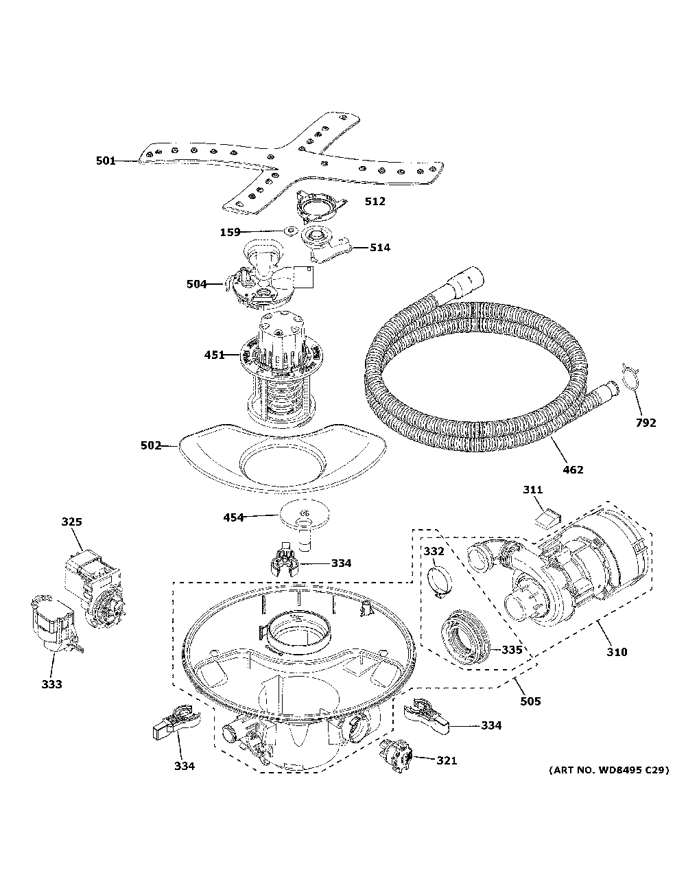 Motor, sump & filter assembly Diagram and Parts List for CDT845M5N3S5  General Electric Dishwasher