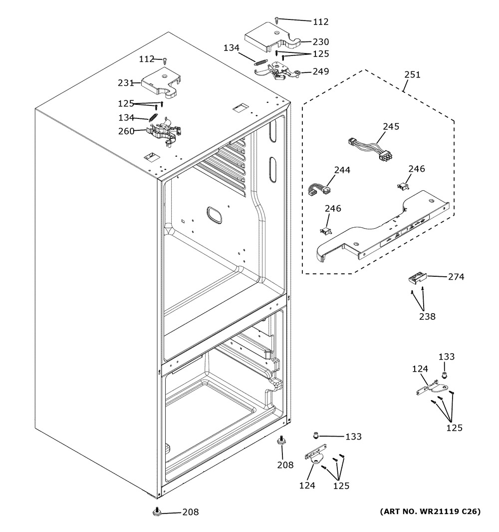 Case Parts Diagram and Parts List for XNE25JSKXFSS  General Electric Refrigerator