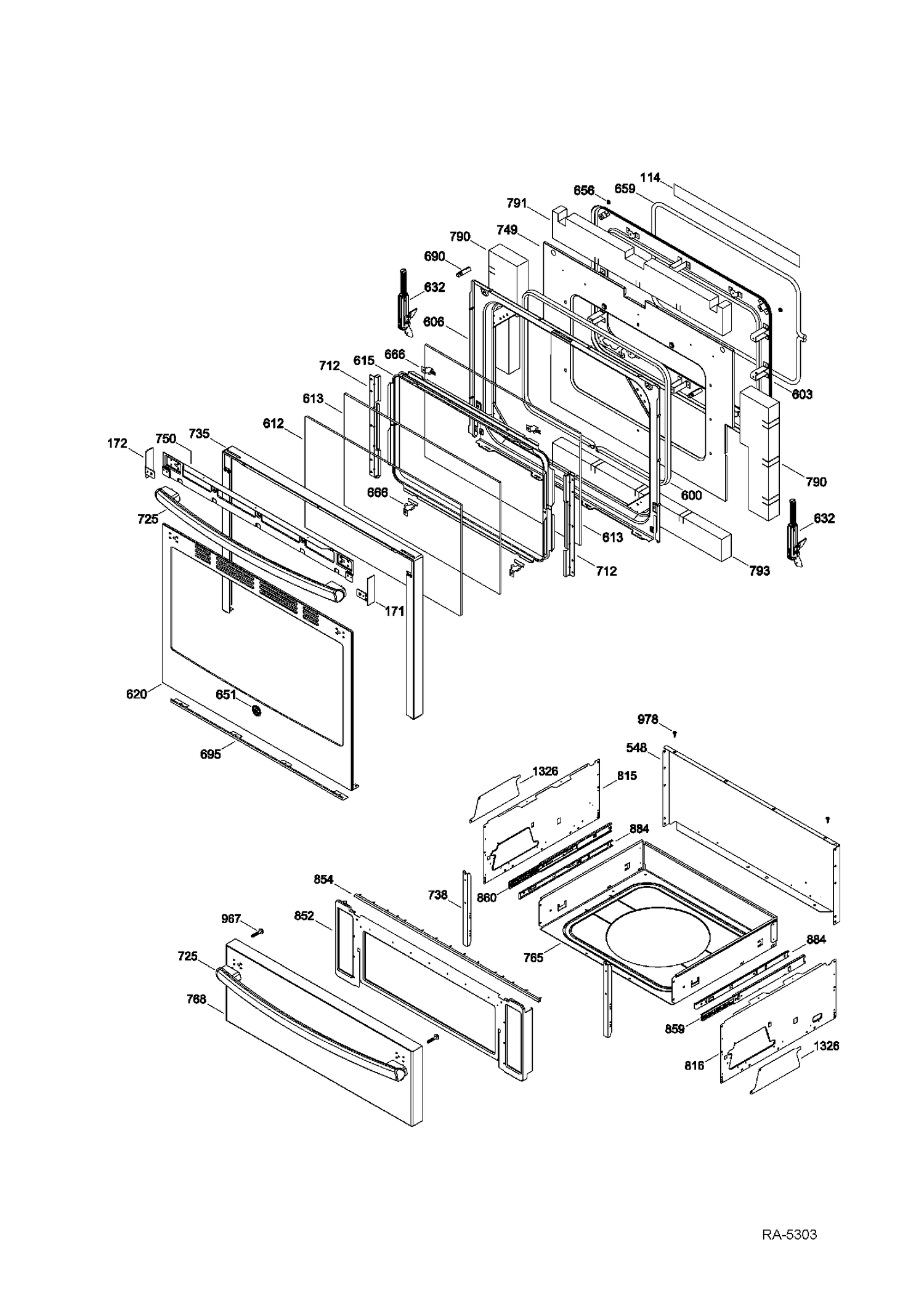 DOOR & DRAWER Diagram and Parts List for JCB870SF1SS  General Electric Range