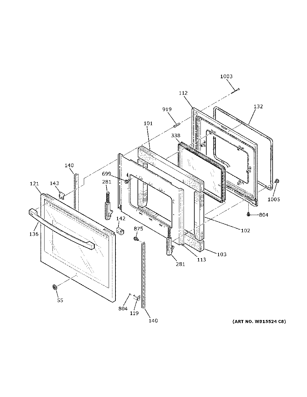 Door Diagram and Parts List for PHS930BP8TS  General Electric Range