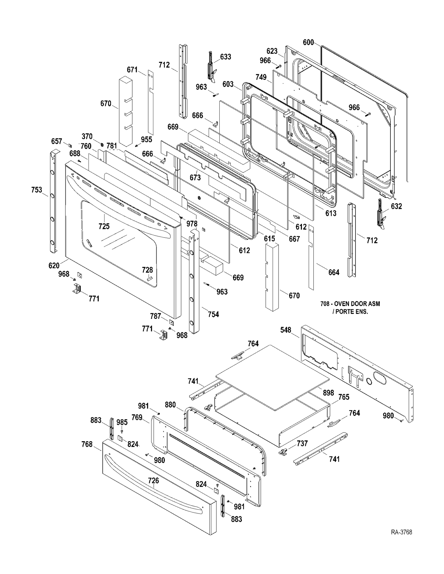 DOOR-DRAWER Diagram and Parts List for JCSP42SR1SS  General Electric Range