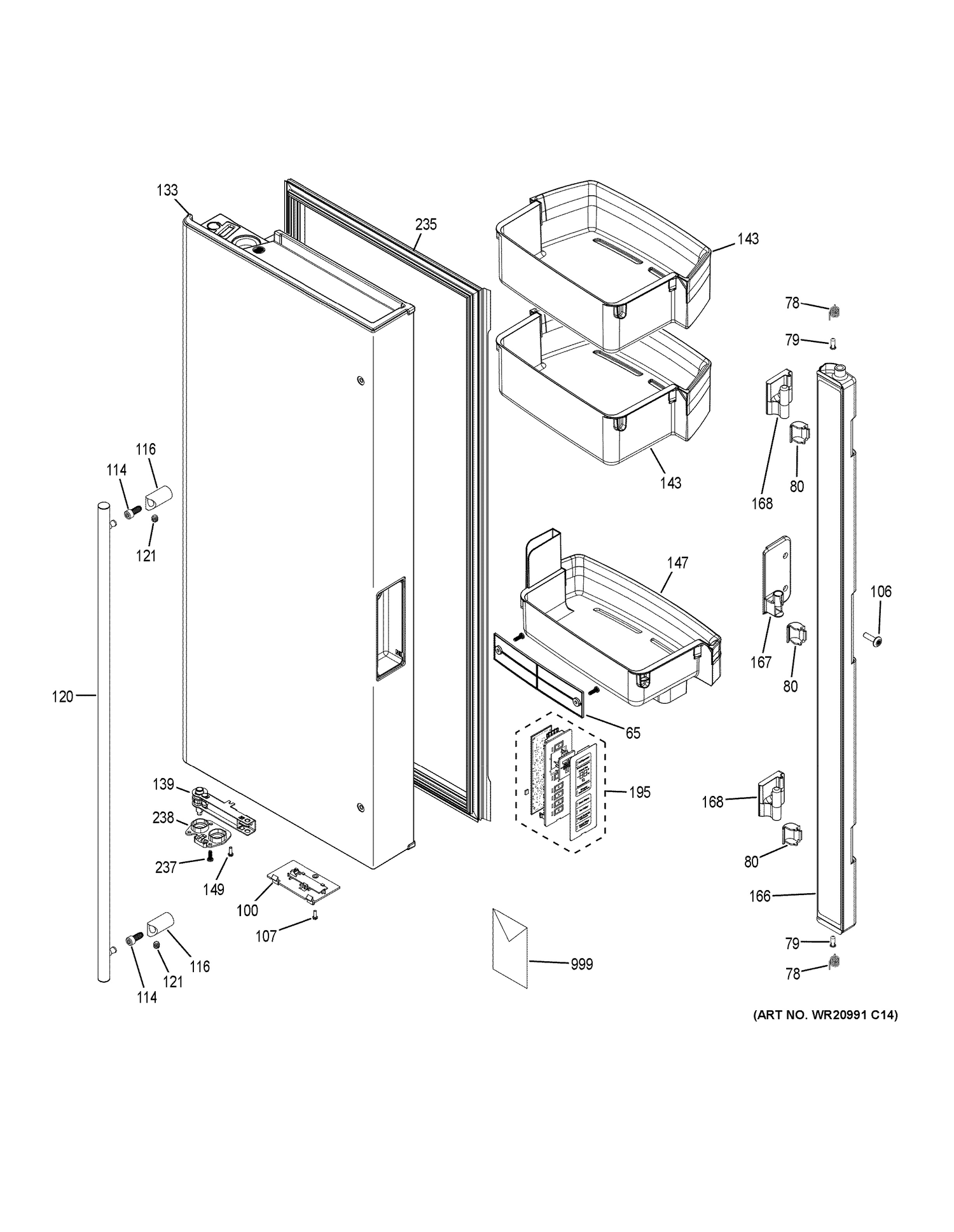 FRESH FOOD DOOR - LH Diagram and Parts List for ZWE23ESHNSS  General Electric Refrigerator