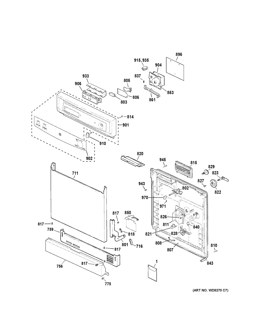 Escutcheon & Door Assembly Diagram and Parts List for GSM2260V55SS  General Electric Dishwasher