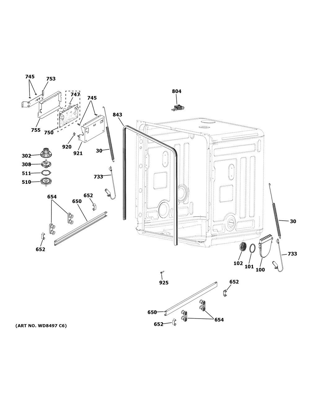 Body Parts (1) Diagram and Parts List for GPT225SGL2WW  General Electric Dishwasher