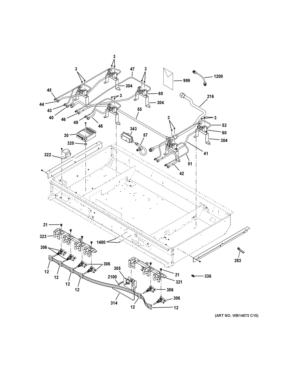 Gas & Burner Parts Diagram and Parts List for C2Y486P2M1S1  General Electric Range