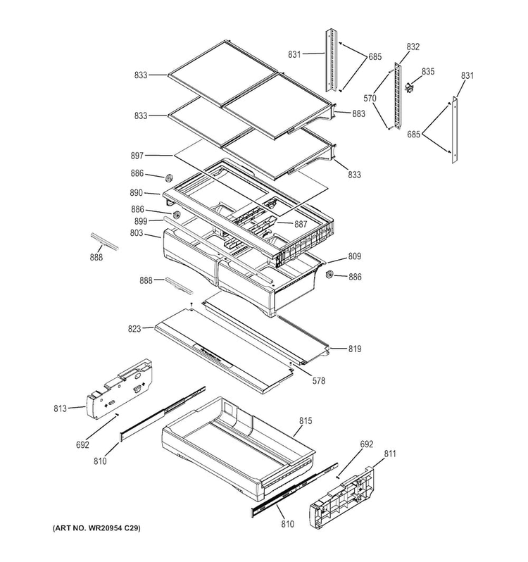 Fresh Food Shelves Diagram and Parts List for GNE29GGHEWW  General Electric Refrigerator