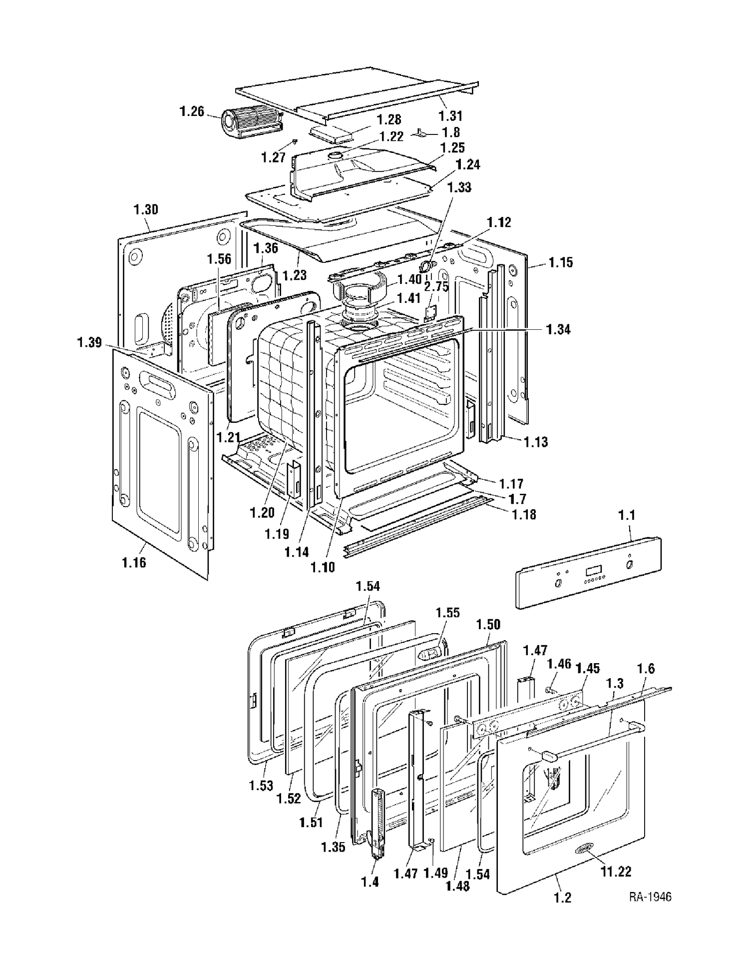 DOOR & CHASSIS Diagram and Parts List for CBIE24K1BB  General Electric Range