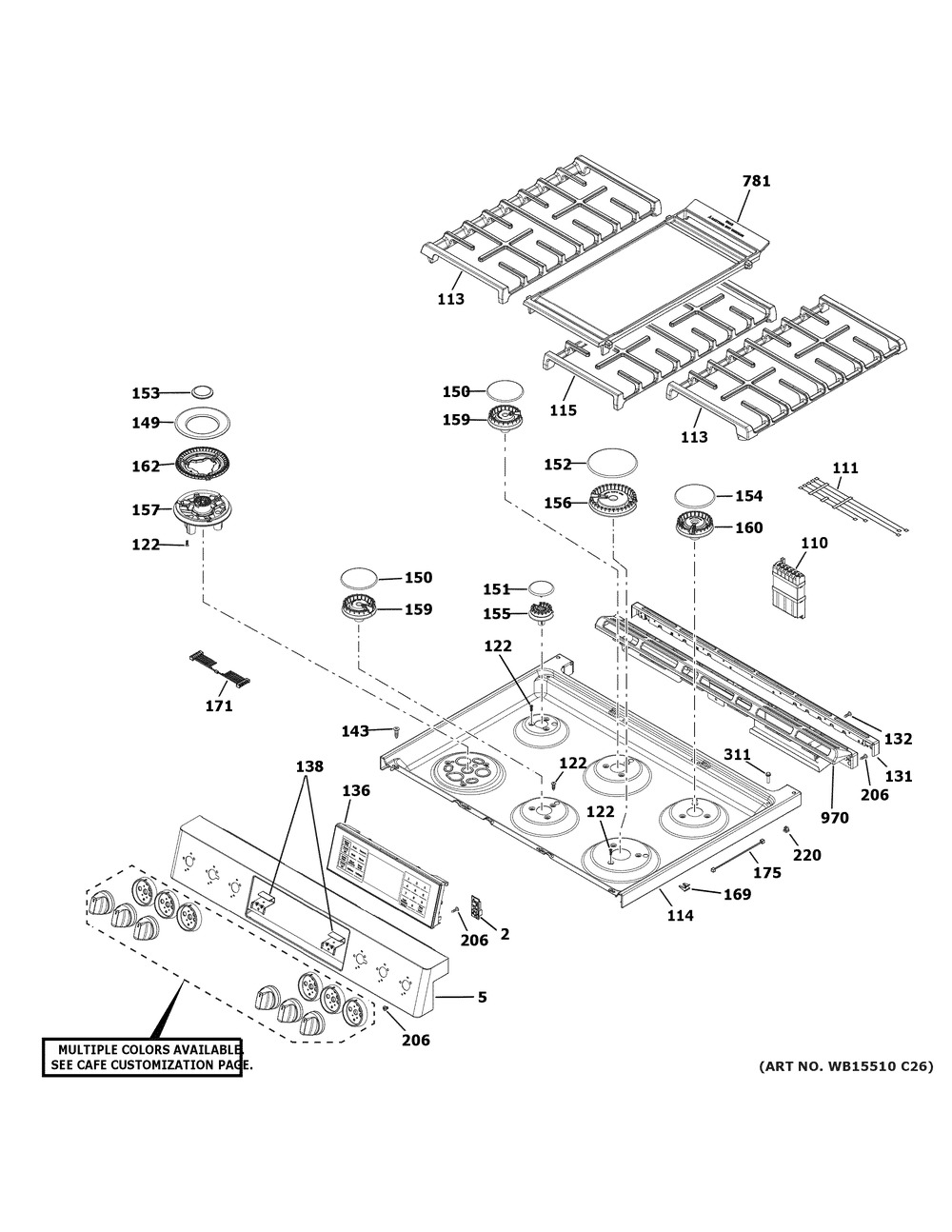 Control Panel & Cooktop Diagram and Parts List for C2S950P2M1S1  General Electric Range