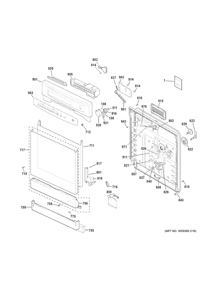 Escutcheon & Door Assembly Diagram and Parts List for GSD4060D45SS  General Electric Dishwasher