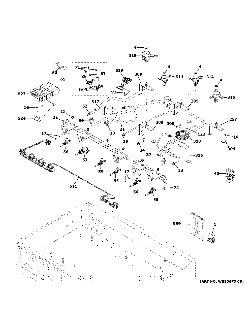 Gas And Burner Parts Diagram and Parts List for CGU366P4T1W2  General Electric Cooktop