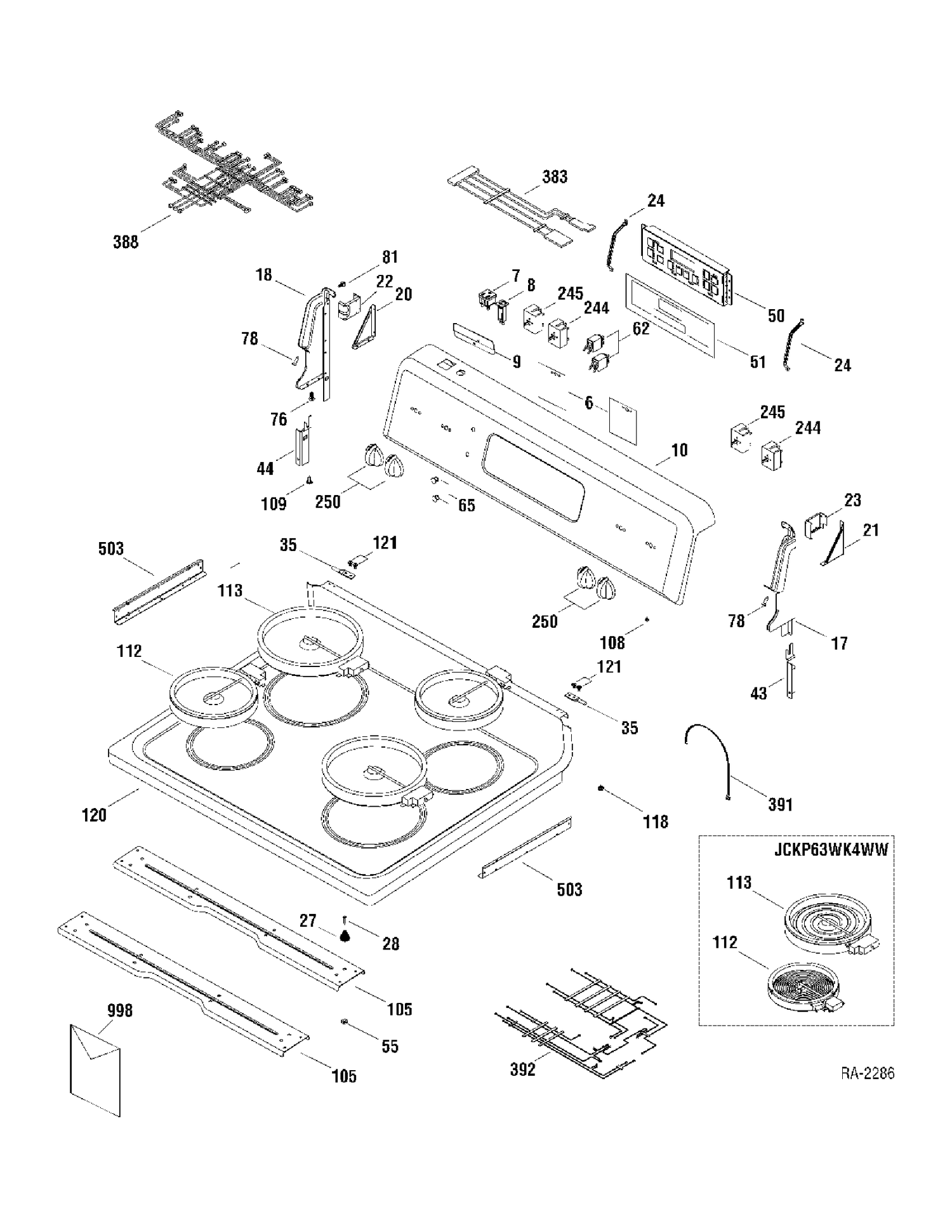 CONTROLS & COOKTOP Diagram and Parts List for JCBP63WK4WW  General Electric Range