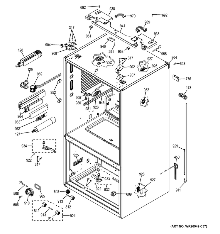 Case Parts Diagram and Parts List for PFE28RSHHSS  General Electric Refrigerator