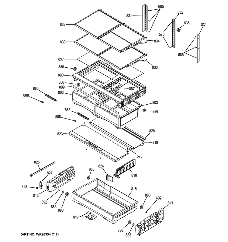 Fresh Food Shelves Diagram and Parts List for GFE27GGDCBB  General Electric Refrigerator
