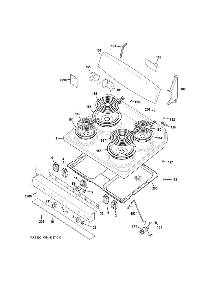 Control Panel & Cooktop Diagram and Parts List for JB450RK1SS  General Electric Range