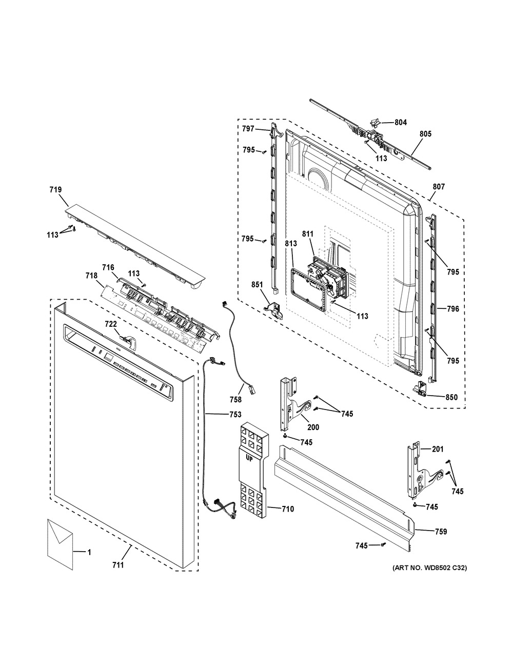 Escutcheon And Door Assembly Diagram and Parts List for GDF650SMV0ES  General Electric Dishwasher